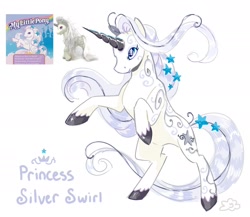 Size: 2218x1926 | Tagged: safe, artist:cracklewink, derpibooru import, princess silver swirl, pony, unicorn, g2, blue eyes, colored hooves, colored horn, horn, rearing, simple background, solo, stars, stock vector, toy interpretation, white background