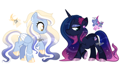 Size: 3808x2024 | Tagged: safe, artist:dixieadopts, derpibooru import, oc, oc only, oc:lunar light, oc:moony, pegasus, pony, unicorn, duo, female, magical lesbian spawn, mare, offspring, parent:fluttershy, parent:princess luna, parents:lunashy, simple background, transparent background