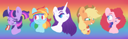 Size: 1280x395 | Tagged: safe, artist:glowfangs, derpibooru import, applejack, pinkie pie, rainbow dash, rarity, twilight sparkle, earth pony, pegasus, pony, unicorn, alternate hairstyle, bandana, bisexual, bisexual pride flag, bust, eye clipping through hair, eyebrows, eyebrows visible through hair, eyes closed, female, gradient background, headband, lesbian, lesbian pride flag, mouth hold, one eye closed, pride, pride flag, pride ponies, rainbow background, rainbow flag