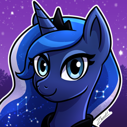 Size: 1920x1920 | Tagged: safe, artist:zeaott, derpibooru import, princess luna, alicorn, pony, abstract background, bust, commission, commissioner:soulphase, constellation, ethereal mane, eyelashes, female, headshot commission, icon, jewelry, looking at you, mare, outline, portrait, profile picture, purple background, regalia, signature, simple background, smiling, smiling at you, solo, starry mane, starry night, stars, white outline