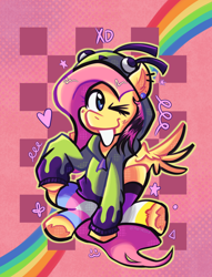 Size: 2944x3851 | Tagged: safe, artist:marvazoid, derpibooru import, fluttershy, pegasus, pony, antonymph, clothes, fluttgirshy, gir, heart, hoodie, looking at you, one eye closed, rainbow, raspberry, socks, solo, spread wings, striped socks, tongue, tongue out, wings, wink, winking at you