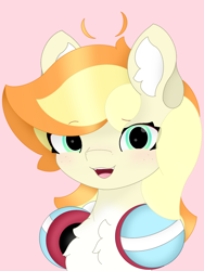 Size: 1080x1440 | Tagged: safe, artist:sodapop sprays, derpibooru import, oc, oc only, oc:sodapop sprays, pegasus, pony, chest fluff, ear fluff, ears, female, looking at you, mare, pink background, simple background, smiling, smiling at you, solo
