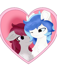 Size: 1080x1440 | Tagged: safe, artist:sodapop sprays, derpibooru import, oc, oc only, oc:aurora, oc:skyfire lumia, pony, wolf, wolf pony, bust, chest fluff, duo, heart, looking at each other, looking at someone, one eye closed, simple background, transparent background, wink