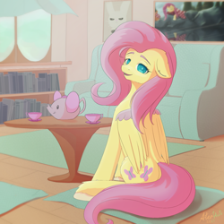 Size: 2000x2000 | Tagged: safe, artist:aterhut, derpibooru import, fluttershy, pegasus, pony, cup, ears, female, floppy ears, looking at you, looking back, looking back at you, mare, signature, sitting, smiling, solo, table, teacup, teapot