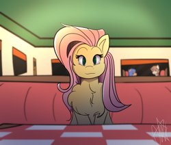 Size: 2562x2171 | Tagged: safe, artist:ermecg, derpibooru import, fluttershy, pegasus, pony, g4, blurry background, cafe, chest fluff, eyes open, looking at you, simple shading, solo focus