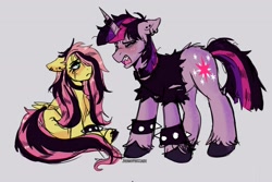 Size: 3000x2000 | Tagged: safe, artist:jhonnysheep, derpibooru import, fluttershy, twilight sparkle, pegasus, pony, unicorn, alternate hairstyle, angry, blushing, closed mouth, clothes, collar, draw this again, draw this in your style, duo, ear piercing, ears, emo, emo twilight, emoshy, eyes closed, female, floppy ears, gray background, high res, hoofband, horn, jewelry, lidded eyes, listening, looking at each other, looking at someone, makeup, mare, meme, messy mane, messy tail, open mouth, piercing, redraw, screaming, signature, simple background, sitting, spiked wristband, standing, tail, torn clothes, unshorn fetlocks, we're emo, wings, wristband