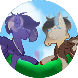 Size: 2000x2000 | Tagged: safe, artist:thecommandermiky, derpibooru import, oc, oc:miky command, oc:reagan, deer, deer pony, original species, accessory, cloud, deer oc, duo, duo female, eyes closed, female, folded wings, glowing, glowing heart, glowing horn, grass, grass field, heart, horn, horn jewelry, jewelry, mare, non-pony oc, open mouth, raised hoof, raised leg, sky, wings