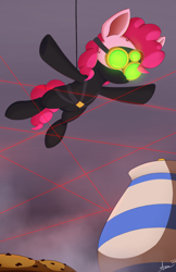 Size: 1294x2000 | Tagged: safe, artist:arcane-thunder, derpibooru import, pinkie pie, earth pony, pony, atg 2023, catsuit, female, food, goggles, laser, mare, newbie artist training grounds, pie, pinkie spy, solo