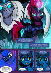 Size: 2480x3508 | Tagged: safe, artist:dsana, derpibooru import, princess luna, storm king, tempest shadow, oc, oc:lullaby dusk, alicorn, pegasus, pony, unicorn, comic:a storm's lullaby, my little pony: the movie, storm creature