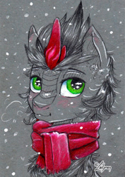 Size: 1024x1444 | Tagged: safe, artist:lailyren, derpibooru import, oc, oc only, kirin, blushing, clothes, scarf, snow, snowfall, solo