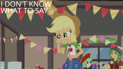 Size: 1920x1080 | Tagged: safe, derpibooru import, edit, edited screencap, editor:quoterific, screencap, applejack, sandalwood, watermelody, better together, equestria girls, holidays unwrapped, the cider louse fools