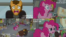 Size: 2000x1125 | Tagged: safe, derpibooru import, edit, edited screencap, editor:quoterific, screencap, cheese sandwich, pinkie pie, earth pony, pony, the last laugh, female, male, mare, sans smirk, stallion, trio