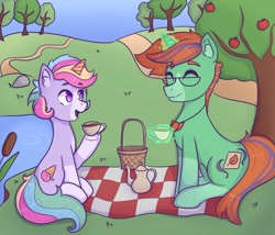 Size: 1280x1097 | Tagged: safe, derpibooru import, oc, oc only, oc:blueberry_cream, oc:vortex_writer, pony, unicorn, apple, apple tree, basket, cup, glasses, park, picnic basket, picnic blanket, teacup, teapot, tree, water