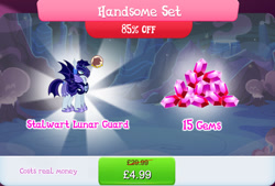 Size: 1265x857 | Tagged: safe, derpibooru import, bat pony, pony, armor, bundle, costs real money, english, gameloft, gem, helmet, male, mobile game, moonmist, my little pony: magic princess, numbers, official, sale, solo, spread wings, stallion, text, wings