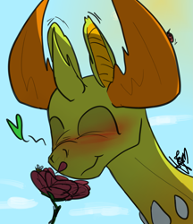 Size: 2031x2354 | Tagged: safe, artist:fetishsketches, derpibooru exclusive, derpibooru import, thorax, bee, changedling, changeling, insect, blushing, bugs doing bug things, eyes closed, floating heart, flower, heart, king thorax, male, sniffing