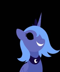 Size: 1000x1200 | Tagged: safe, artist:askloona, derpibooru import, princess luna, alicorn, pony, black background, black sclera, creepy, loony luna, s1 luna, simple background, smiling, solo