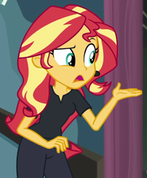 Size: 560x677 | Tagged: safe, derpibooru import, screencap, sunset shimmer, all the world's off stage, better together, equestria girls, cropped, solo