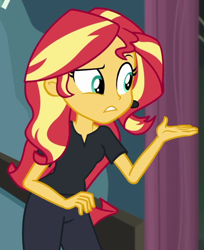 Size: 556x681 | Tagged: safe, derpibooru import, screencap, sunset shimmer, all the world's off stage, better together, equestria girls, cropped, solo