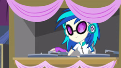 Size: 3072x1727 | Tagged: safe, derpibooru import, screencap, dj pon-3, vinyl scratch, human, dance magic, equestria girls, spoiler:eqg specials, canterlot high, female, headphones, smiling, solo, sunglasses