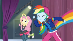 Size: 3072x1727 | Tagged: safe, derpibooru import, screencap, fluttershy, rainbow dash, human, dance magic, equestria girls, spoiler:eqg specials, canterlot high, clothes, cute, dashabetes, duo, duo female, eyes closed, female, hairpin, hoodie, shoes, shyabetes, smiling