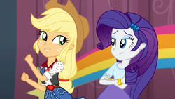 Size: 3072x1727 | Tagged: safe, derpibooru import, screencap, applejack, rarity, human, dance magic, equestria girls, spoiler:eqg specials, applejack's hat, bracelet, canterlot high, clothes, cowboy hat, crossed arms, cute, duo, duo female, female, frown, hairpin, hat, jackabetes, jewelry, smiling