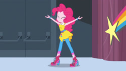 Size: 3072x1727 | Tagged: safe, derpibooru import, screencap, pinkie pie, human, dance magic, equestria girls, spoiler:eqg specials, armpits, canterlot high, clothes, cute, diapinkes, dress, eyes closed, female, high heels, shoes, smiling, solo