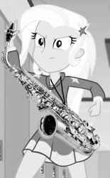 Size: 416x672 | Tagged: safe, derpibooru import, edit, edited screencap, editor:weyantonio26, screencap, trixie, equestria girls, monochrome, musical instrument, saxophone