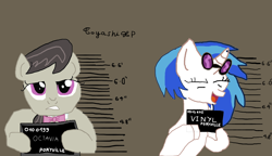 Size: 5876x3387 | Tagged: safe, artist:toyashixp, derpibooru import, dj pon-3, octavia melody, vinyl scratch, earth pony, pony, barbie mugshot meme, meme, mugshot