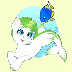 Size: 1150x1150 | Tagged: safe, artist:sadelinav, derpibooru import, oc, oc only, fish, pony, seapony (g4), blue eyes, blushing, bubble, cute, digital art, dorsal fin, fin, fish tail, happy, ocean, open mouth, open smile, smiling, solo, sunlight, swimming, tail, teeth, underwater, water