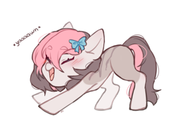 Size: 1919x1391 | Tagged: safe, artist:ruru_01, derpibooru import, oc, oc only, earth pony, pony, chibi, cute, eyes closed, not snuzzle, open mouth, ribbon, ribbon bow, simple background, solo, stretching, white background, yawn