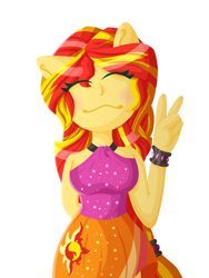 Size: 1072x1424 | Tagged: safe, artist:lindasaurie, derpibooru exclusive, derpibooru import, sunset shimmer, human, equestria girls 10th anniversary, equestria girls, rainbow rocks, :3, armband, breasts, clothes, cutie mark on clothes, eye clipping through hair, eyes closed, female, glowing, hand behind back, jewelry, lineless, peace sign, ponied up, simple background, skirt, smiling, solo, transparent background