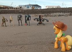 Size: 2245x1642 | Tagged: safe, artist:dingopatagonico, derpibooru import, applejack, earth pony, b1 battle droid, b2 super battle droid, beach, cis, confederacy of independent systems, droid, droideka, geonosian soldier, photo, star wars