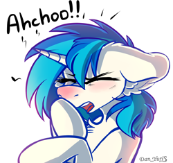 Size: 2094x1970 | Tagged: safe, artist:yuris, derpibooru import, dj pon-3, vinyl scratch, pony, unicorn, commission, eyes closed, open mouth, simple background, sketch, sneezing, solo, white background