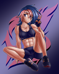 Size: 2640x3300 | Tagged: safe, artist:twigpaste, derpibooru import, oc, oc only, oc:archer, human, abs, female, gradient background, humanized, humanized oc, peace sign, solo