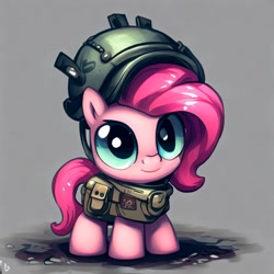 Size: 1024x1024 | Tagged: safe, ai content, derpibooru import, machine learning generated, pinkie pie, earth pony, pony, fallout equestria, chibi, clothes, cute, gray background, helmet, military, military pony, military uniform, pink coat, pink mane, simple background, uniform