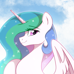 Size: 2048x2048 | Tagged: safe, artist:chickenbrony, derpibooru import, princess celestia, alicorn, pony, bust, cloud, cute, cutelestia, eye clipping through hair, eyebrows, eyebrows visible through hair, female, high res, looking at you, mare, missing accessory, partially open wings, portrait, profile, signature, sky, smiling, smiling at you, solo, sparkly mane, wings