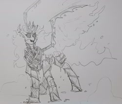 Size: 2048x1743 | Tagged: safe, artist:pony quarantine, derpibooru import, daybreaker, alicorn, pony, armor, art trade, female, grayscale, mare, monochrome, pencil drawing, solo, traditional art