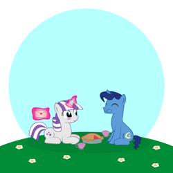 Size: 2363x2363 | Tagged: safe, artist:guggleli, derpibooru import, night light, twilight velvet, pony, unicorn, cup, duo, female, food, letter, magic, male, nightvelvet, picnic, pie, shipping, straight, teacup, telekinesis