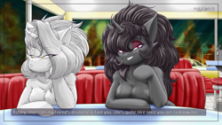 Size: 3840x2160 | Tagged: safe, artist:maximus, derpibooru import, oc, oc:ashley rivera, oc:sunlight stellaris, semi-anthro, unicorn, female, looking at you, smiling, smiling at you, text