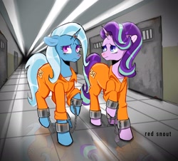 Size: 2048x1854 | Tagged: safe, artist:iguana_god, artist:metaliguana, derpibooru import, starlight glimmer, trixie, clothes, cuffs, jail, magic suppression, never doubt rainbowdash69's involvement, prison, prison outfit, shackles