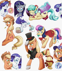 Size: 776x900 | Tagged: safe, artist:foresart, derpibooru import, applejack, bon bon, coco pommel, rarity, sweetie drops, earth pony, pony, unicorn, blanket, candy, clothes, cowboy hat, female, food, hair dryer, hat, lesbian, lollipop, mirror, rarijack, shipping, simple background, straw in mouth, suit, top hat, towel, wet, wet mane, wet mane rarity, white background