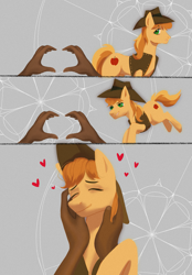Size: 1311x1887 | Tagged: safe, artist:mavro_etis, derpibooru import, braeburn, human, braebetes, commission, cute, daaaaaaaaaaaw, eyes closed, hand, heart, hug, human and pony, male, petting, smiling, stallion, two toned mane, ych result, your character here