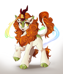 Size: 1842x2176 | Tagged: safe, artist:buvanybu, derpibooru import, autumn blaze, kirin, cloven hooves, female, looking at you, magic, open mouth, open smile, raised hoof, raised leg, simple background, smiling, solo, white background