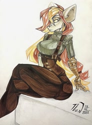 Size: 943x1280 | Tagged: safe, artist:tlen borowski, derpibooru import, oc, oc only, anthro, amputee, breasts, clothes, crossed legs, jumpsuit, looking at you, overalls, prosthetic arm, prosthetic limb, prosthetics, sitting, solo, steampunk, sweater, traditional art