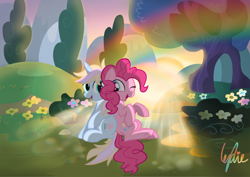 Size: 3562x2526 | Tagged: safe, artist:lydia, derpibooru import, pinkie pie, oc, oc:windy／painting heart, earth pony, pony, unicorn, colorful, cute, duo, evening, eyes closed, female, flower, grass, happy, hill, laughing, looking at each other, looking at someone, mountain, one eye closed, open mouth, plant, rainbow, raised hoof, raised leg, show accurate, sitting, smiling, sun, tree, wink