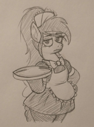 Size: 484x649 | Tagged: safe, artist:jargon scott, derpibooru import, oc, oc only, oc:anon-mare, earth pony, pony, bipedal, clothes, female, frown, looking at you, maid, mare, monochrome, pencil drawing, serving tray, solo, traditional art