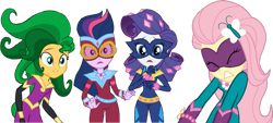 Size: 1332x600 | Tagged: safe, artist:pascalmulokozi2, derpibooru import, edit, edited screencap, screencap, fluttershy, mane-iac, masked matter-horn, radiance, rarity, saddle rager, sci-twi, sunset shimmer, twilight sparkle, human, equestria girls, movie magic, spoiler:eqg specials, background removed, clothes, composite screencap, costume, eyes closed, female, frown, geode of telekinesis, group, hairpin, magical geodes, open mouth, power ponies, quartet, shocked, simple background, straining, superhero costume, teeth, transparent background