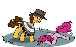 Size: 1600x1000 | Tagged: safe, artist:artevi, derpibooru import, cheese sandwich, pinkie pie, earth pony, pony, atg 2023, clothes, duo, faceplant, female, hat, lying down, male, newbie artist training grounds, poncho, prone, simple background, white background