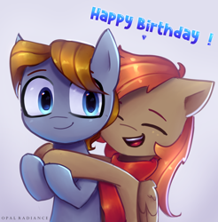 Size: 2800x2840 | Tagged: safe, artist:opal_radiance, derpibooru import, oc, oc only, oc:blitz tale, oc:winterlight, earth pony, pegasus, pony, clothes, commission, cute, duo, earth pony oc, eyebrows, eyes closed, folded wings, happy birthday, high res, hug, hug from behind, ocbetes, open mouth, open smile, pegasus oc, scarf, smiling, wings