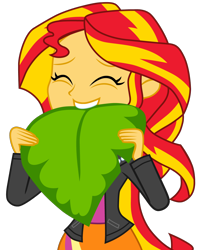 Size: 1024x1280 | Tagged: safe, artist:ahsokafan100, derpibooru import, sunset shimmer, human, equestria girls 10th anniversary, epic fails (equestria girls), eqg summertime shorts, equestria girls, clothes, cute, eyes closed, humans doing horse things, jacket, leaf, leather, leather jacket, shimmerbetes, shirt, simple background, skirt, solo, sunset wants her old digestive system back, transparent background, vector